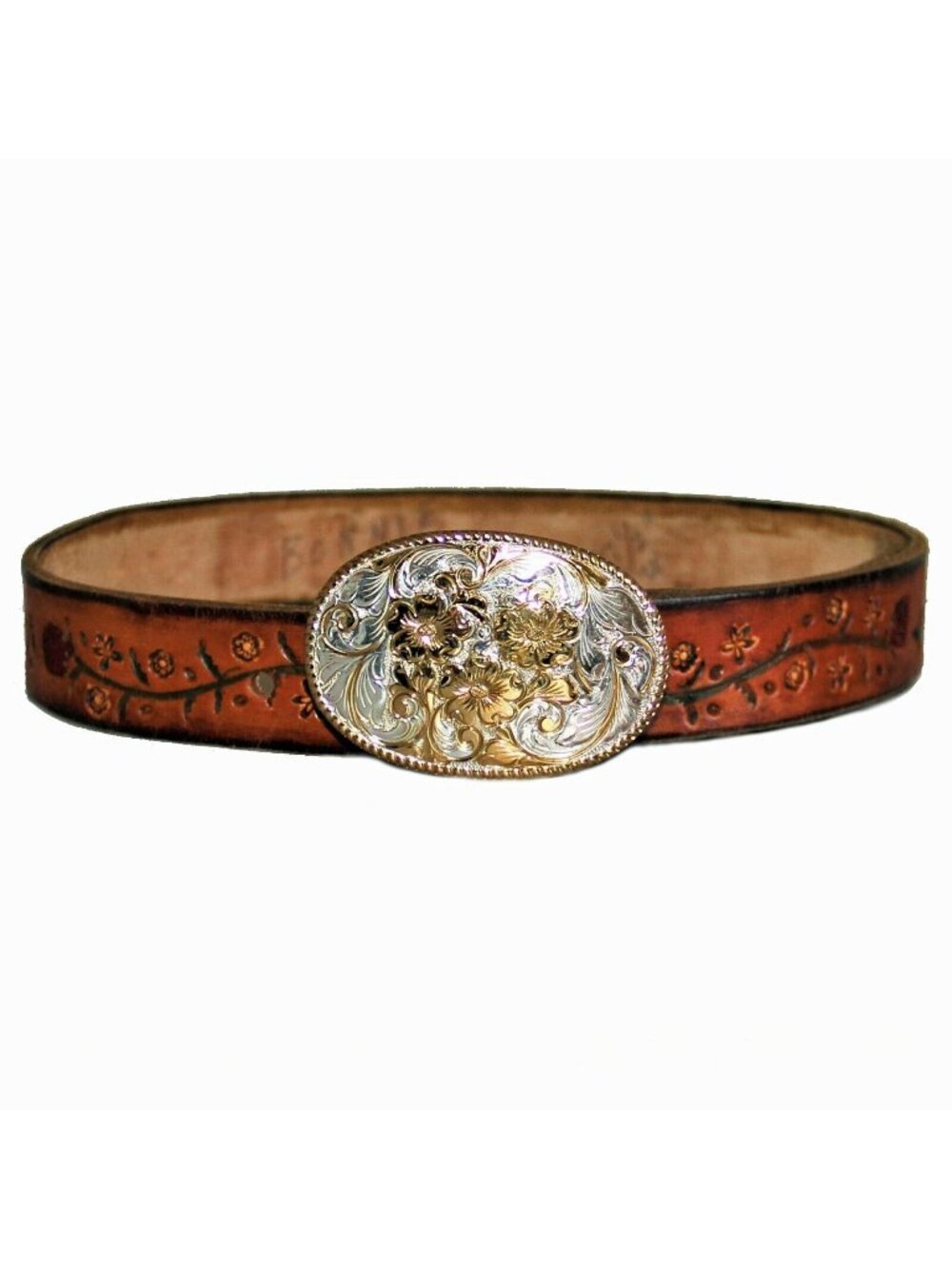 Leather Belt with Roses Butterflies Silver & Gold Buckle "Bonnie" Waist 27.5"